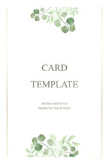 Card and wedding invitation, save date, rsvp, postcard, menu. Green leaves on the branches with greenery and golden lines. Individual electronic invitation, mailing list, web.   Vector