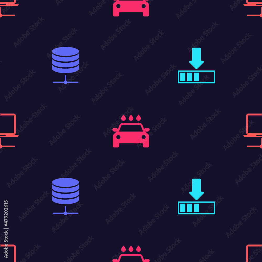 Poster set loading, server, data, web hosting, car wash and computer network on seamless pattern. vector