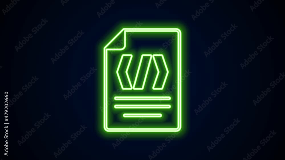 Poster glowing neon line binary code icon isolated on black background. 4k video motion graphic animation