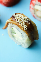 sushi rolls on a color background, minimalism