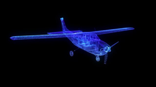Aircraft. Airplane with piston engine and propeller. Polygonal line Digital 3d model. High quality 4k video.