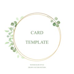 Green leaves on the branches with greenery and golden lines in the rings. Watercolor.  Card and wedding invitation, save date, rsvp, postcard. Vector