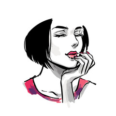 Head of beautiful woman. Fashion watercolor illustration, female head, hand drawn art