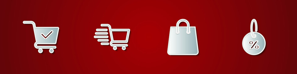 Set Shopping cart with check mark, , Handbag and Discount percent tag icon. Vector