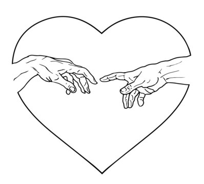 Vector hand drawn black and white illustration of hands reaching inside a heart shape and isolated on white background.