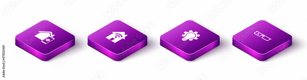 Sticker Set Isometric Smart home remote control system, with wi-fi, Light bulb and gear and glasses icon. Vector