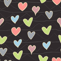Seamless pattern of hand-drawn astrakhan hearts on a brown background.
