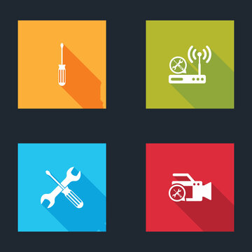 Set Screwdriver, Router wi-fi service, Crossed screwdriver and wrench and Video camera icon. Vector