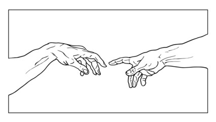 Vector hand drawn black and white illustration from of reaching hands isolated on white background. - obrazy, fototapety, plakaty