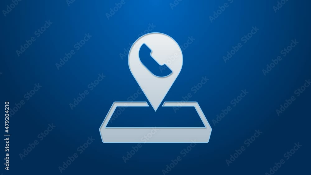 Poster white line map pointer with telephone or communication icon isolated on blue background. call center