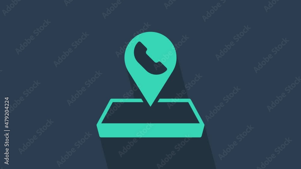 Poster turquoise map pointer with telephone or communication icon isolated on blue background. call center 