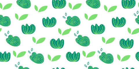 Vector green floral seamless pattern with bushes in flat doodle style on white background. For textile prints or wrapping paper, backgrounds for summer, spring or jungle concepts.