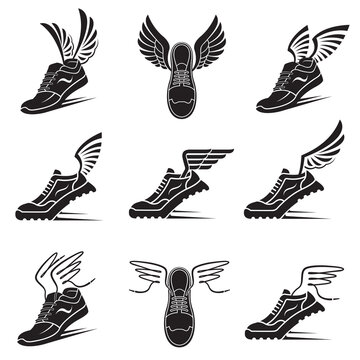collection of speeding sport shoes with wings isolated on white background