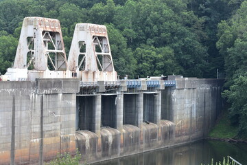 Concrete flood control dam on river