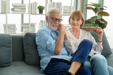 Happy Caucasian senior couple relaxing in living room  at home