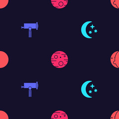 Set Moon and stars, Telescope, Planet Mars and Eclipse of the sun on seamless pattern. Vector