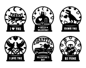 Valentines snow globe vector set. Love symbols. Paper,laser cut template.Owls,camping,skulls,dinosaur,truck,bear,birds.For card, window, gift or wall decorations. Illustrations isolated on white.