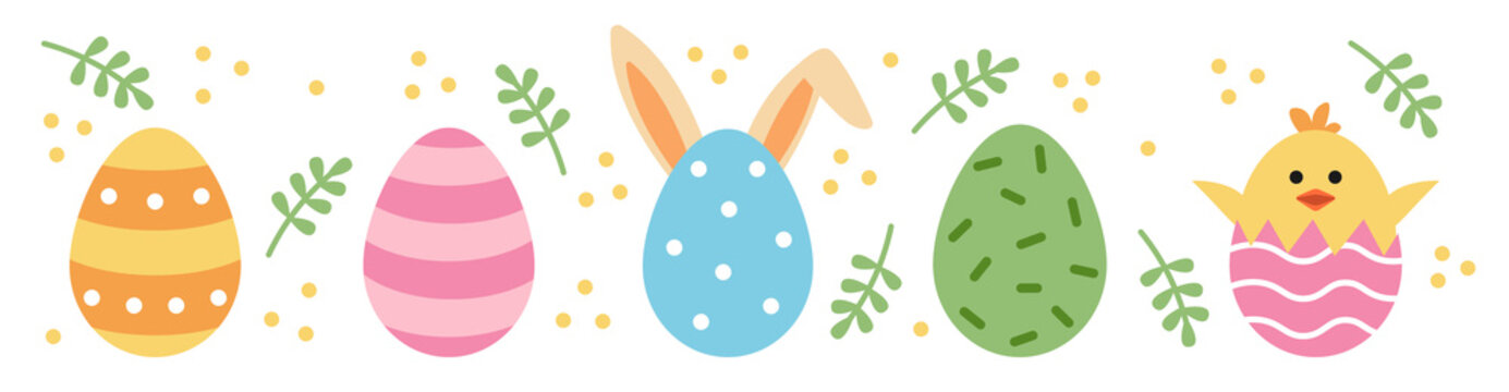 Vector cute easter set. Egg with ears and chicken in egg. Cute eggs.