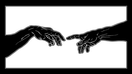 Vector hand drawn black and white illustration from of reaching black hands isolated on white background. - obrazy, fototapety, plakaty