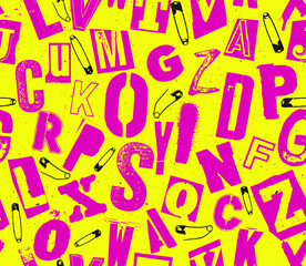 Punk vector alphabet typography specimen seamless pattern for grunge font flyers and posters design in red color on yellow background.