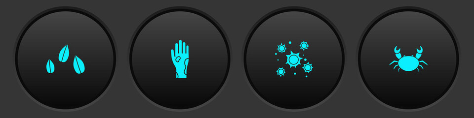 Obraz premium Set Sesame seeds, Hand with psoriasis or eczema, Bacteria and Crab icon. Vector