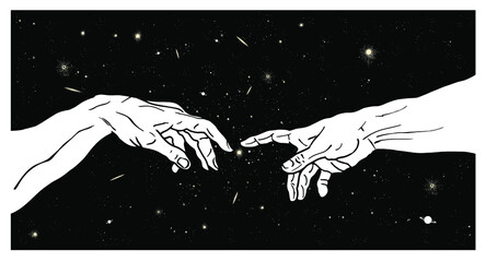 Vector hand drawn illustration of reaching hands on dark universe starry sky.
