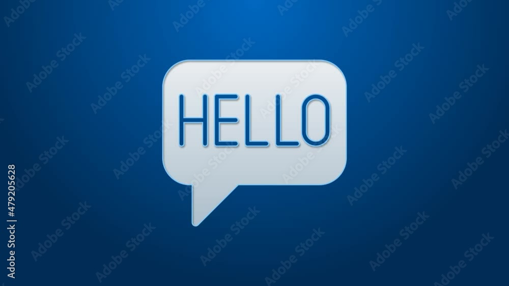 Poster white line hello in different languages icon isolated on blue background. speech bubbles. 4k video m
