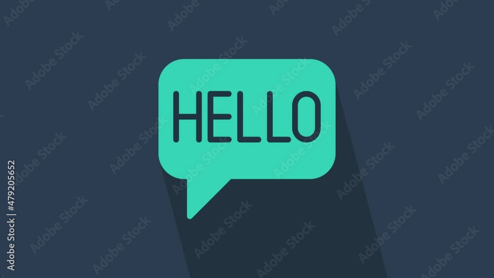 Poster turquoise hello in different languages icon isolated on blue background. speech bubbles. 4k video mo