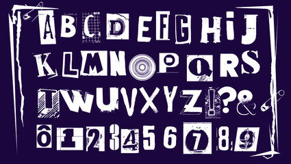 Punk typography vector alphabet and numbers. Type specimen set for grunge font flyers and posters or ransom note style designs.