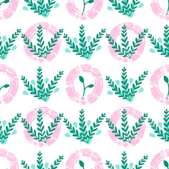 Vector abstract floral seamless pattern with bushes and leaves in fresh green and pink colors in flat doodle style for textile prints on white background.