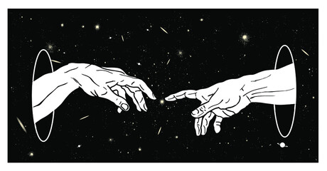 Concept vector hand drawn illustration of white hands reaching on dark universe starry sky. - obrazy, fototapety, plakaty