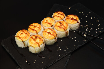 sushi rolls on a color background, minimalism