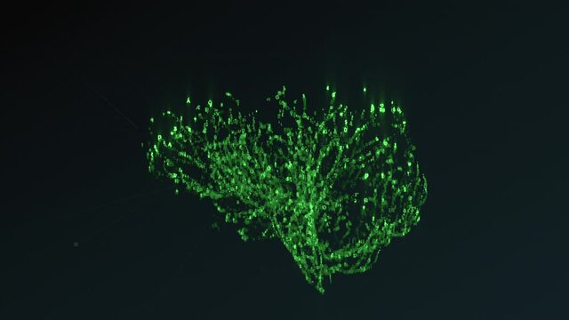 The human brain grows out of glowing numbers in a matrix style. Digital Brain Artificial intelligence concept