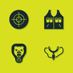 Set Target sport, Slingshot, Bear head on shield and Hunting jacket icon. Vector