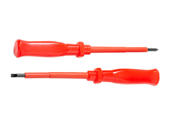 Two red flat screwdrivers covered with plastic insulation. Close-up isolated on white background.