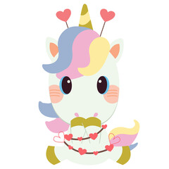 The character of cute unicorn with line of heart in flat vector style. illustation for background,content , banner, sticker label and greeting card.