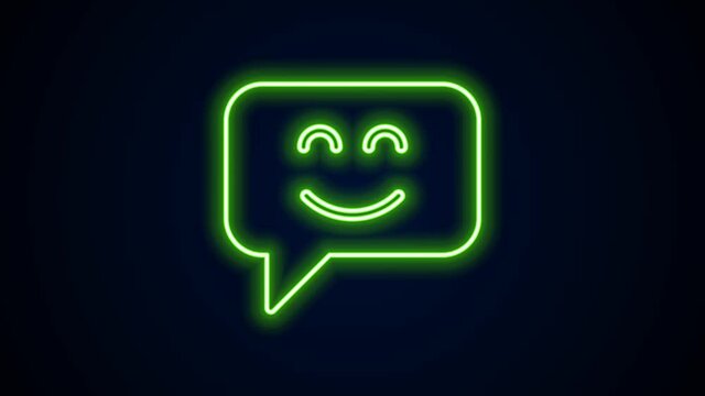 Glowing neon line Smile face icon isolated on black background. Smiling emoticon. Happy smiley chat symbol. 4K Video motion graphic animation