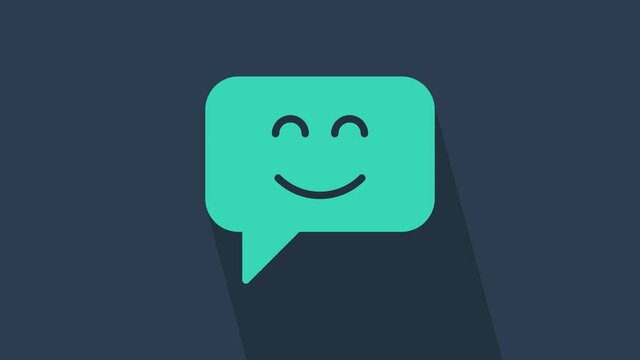 Turquoise Smile face icon isolated on blue background. Smiling emoticon. Happy smiley chat symbol. 4K Video motion graphic animation