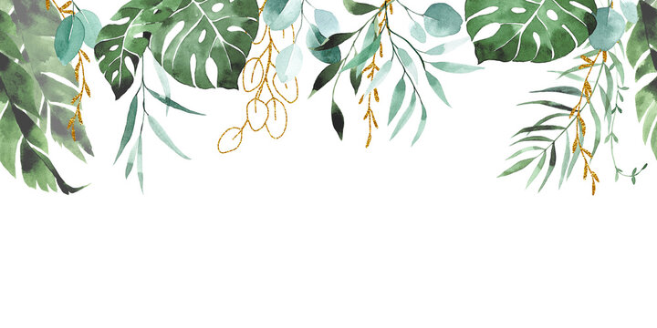 watercolor drawing. seamless border, tropical leaf banner with golden shining elements. green and gold leaves of palm, monstera, banana. pattern, frame