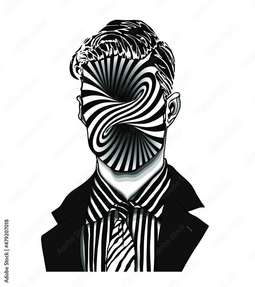 Poster hand drawn portrait of a strange handsome man with anonymous face with swirling torus inside view. h