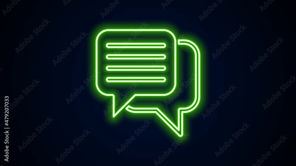 Poster glowing neon line speech bubble chat icon isolated on black background. message icon. communication 