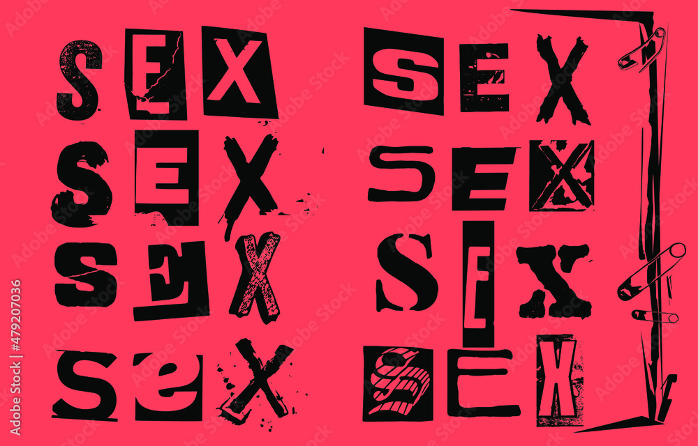 Aufkleber sex. vector punk style typography lettering and font in different versions set for grunge font flyer