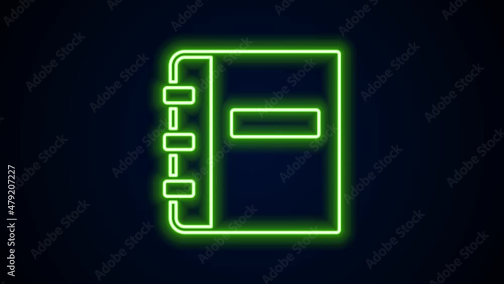 Poster glowing neon line notebook icon isolated on black background. spiral notepad icon. school notebook. 