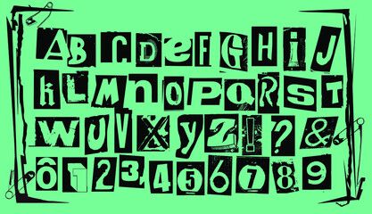 Punk typography vector alphabet and numbers. Type specimen set for grunge font flyers and posters or ransom note style designs.