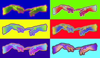 Vector hand drawn illustration of hands reaching in colorful dot halftone pop art style. - obrazy, fototapety, plakaty