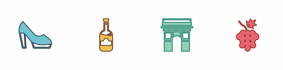 Set Woman shoe, Bottles of wine, Triumphal Arch and Grape fruit icon. Vector