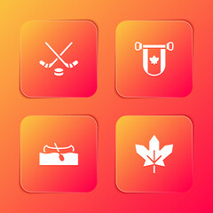 Set Ice hockey sticks and puck, Pennant Canada, Kayak or canoe and Canadian maple leaf icon. Vector