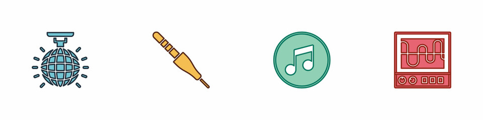 Set Disco ball, Audio jack, Music note, tone and Oscilloscope icon. Vector