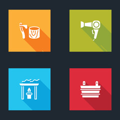 Set Wooden axe in stump, Hair dryer, Aroma candle and Sauna bucket icon. Vector