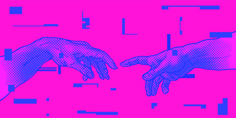 Vector hand drawn illustration from oh hands reaching for each other in colorful pink and blue vaporwave style halftone dot screen-printing.